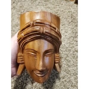 vintage hand carved wooden mug coffee cup of ladies body art deco